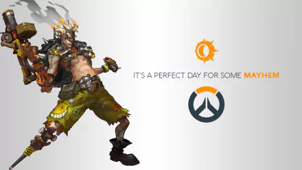 A dynamic HD wallpaper featuring Junkrat from Overwatch, showcasing his explosive personality with the caption, It's a day for some mayhem. Created by Blizzard Entertainment.