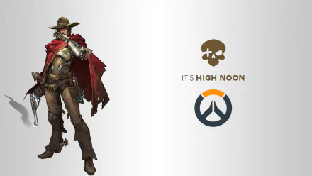 Jesse McCree from Overwatch stands confidently in this HD wallpaper, showcasing his signature style alongside the iconic It's High Noon tagline and Overwatch logo.