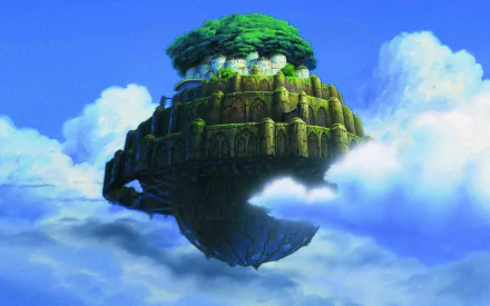 HD anime desktop wallpaper featuring the floating island from Laputa: Castle in the Sky, surrounded by clouds against a bright blue sky.