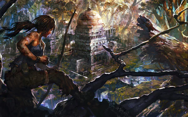 Lara Croft (Tomb Raider 2013) — a woman warrior with a bow perched on jungle branches, overlooking an ancient temple. HD PC desktop wallpaper.