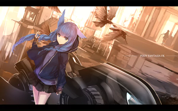 Anime-style HD desktop wallpaper from Pixiv Fantasia Fallen Kings, featuring a purple-haired character with animal ears standing near a futuristic vehicle in a sunlit urban setting.