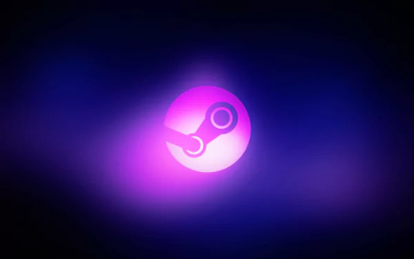 A minimalist HD desktop wallpaper featuring the Steam logo, set against a vibrant purple and black background, reflecting technology and gaming culture.