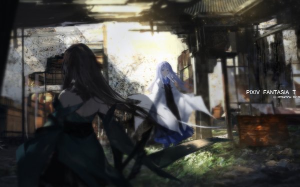 Anime Pixiv Fantasia T Pixiv Fantasia Warrior Long Hair Black Hair Blue Hair CGI Ruin Japanese Clothes Yukata HD Wallpaper | Background Image