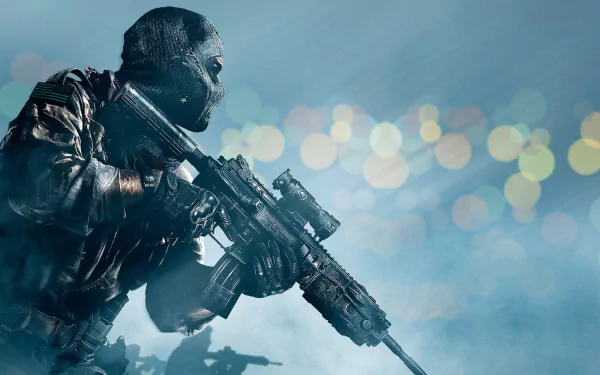 A soldier in tactical gear holds a rifle, set against a misty backdrop with blurred lights, inspired by the video game Call of Duty: Ghosts.