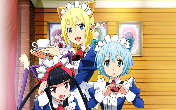 Anime HD wallpaper featuring characters Tuka Luna Marceau, Lelei la Lalena, and Rory Mercury from Gate, in a vibrant cafe setting, dressed as maids with a cheerful and dynamic expression.