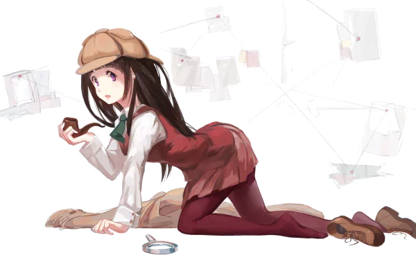 Eru Chitanda from Hyouka investigates intently, wearing a detective hat and a playful expression, surrounded by scattered papers, in this HD anime desktop wallpaper.