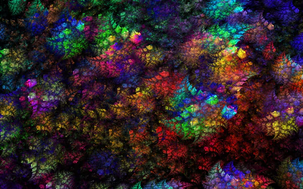 Colorful stained-glass abstract fractal pattern of jewel-toned swirls and leaf-like textures, vibrant HD PC desktop wallpaper and background.