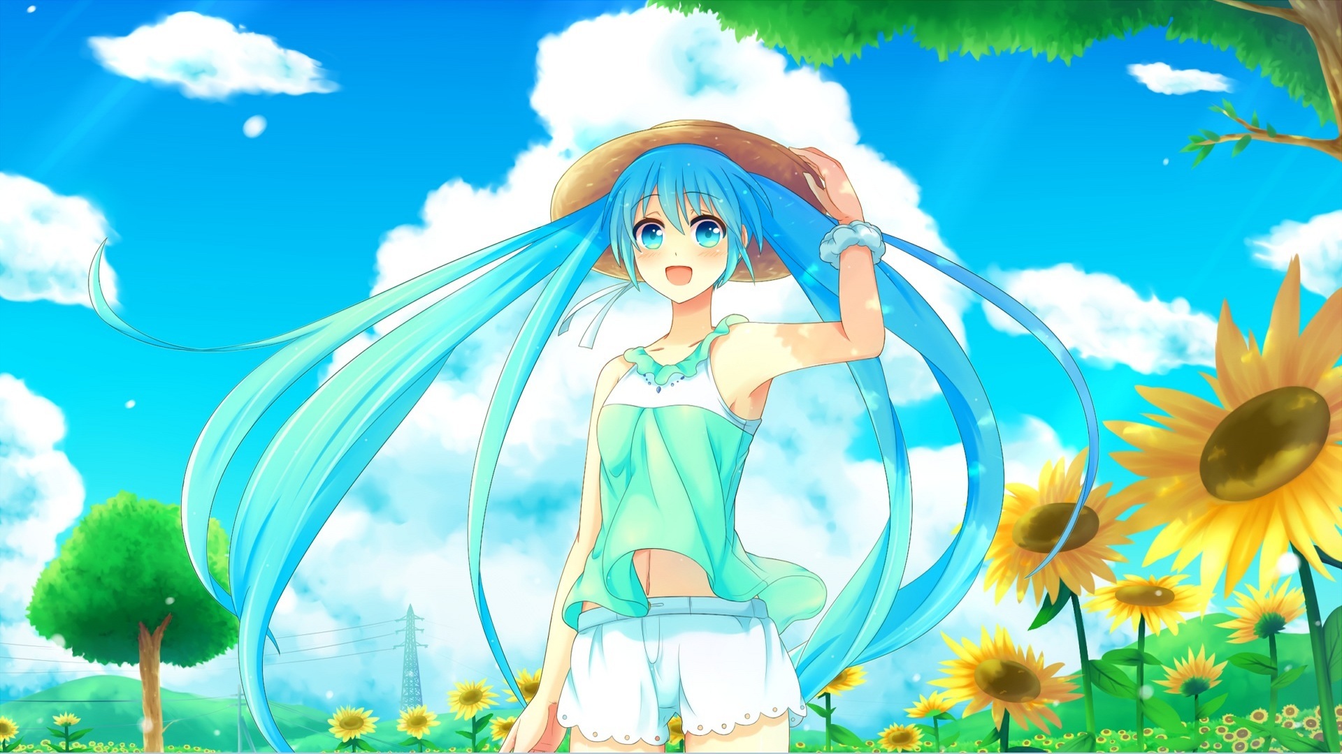 Download Twintails Blue Eyes Smile Blue Hair Summer Long Hair Sunflower Hat Hatsune Miku Anime