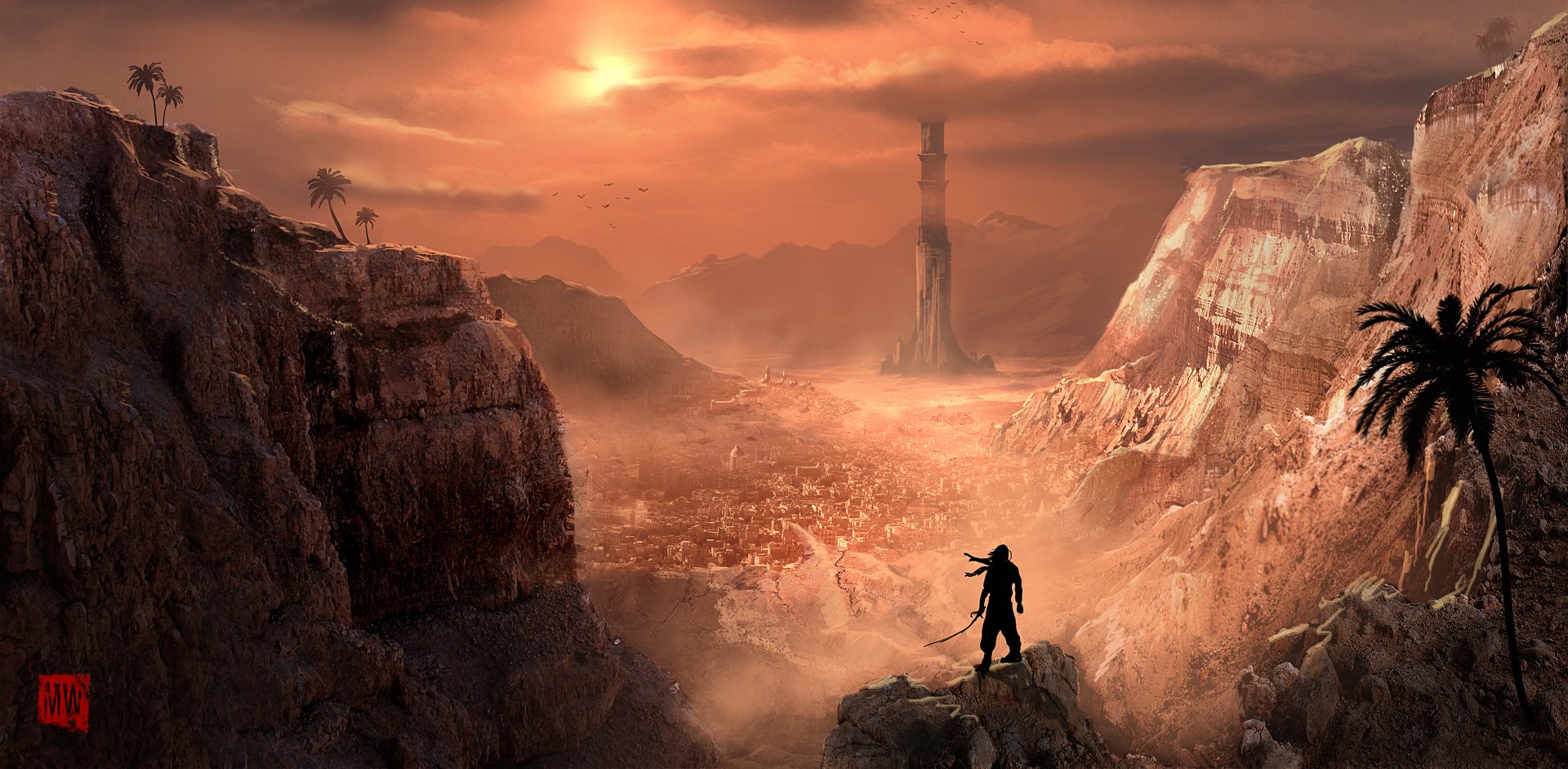 A warrior stands on a cliff overlooking a vast desert valley at sunset, capturing the epic atmosphere of the video game Prince of Persia. HD backdrop for adventure enthusiasts.
