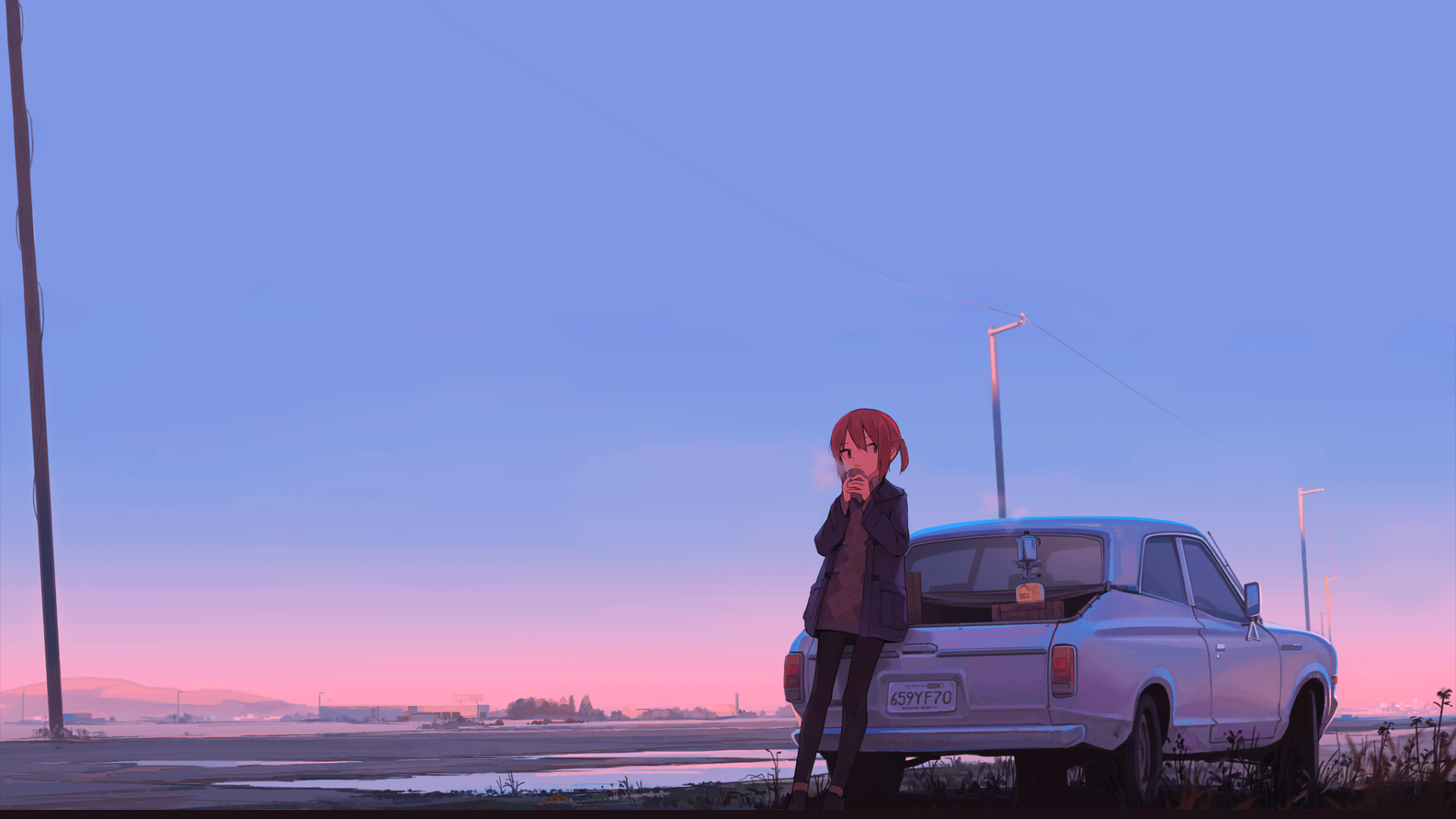 An anime girl stands beside a vintage car at sunset, creating a serene and vibrant atmosphere. This HD wallpaper captures a moment of tranquility against a colorful sky.