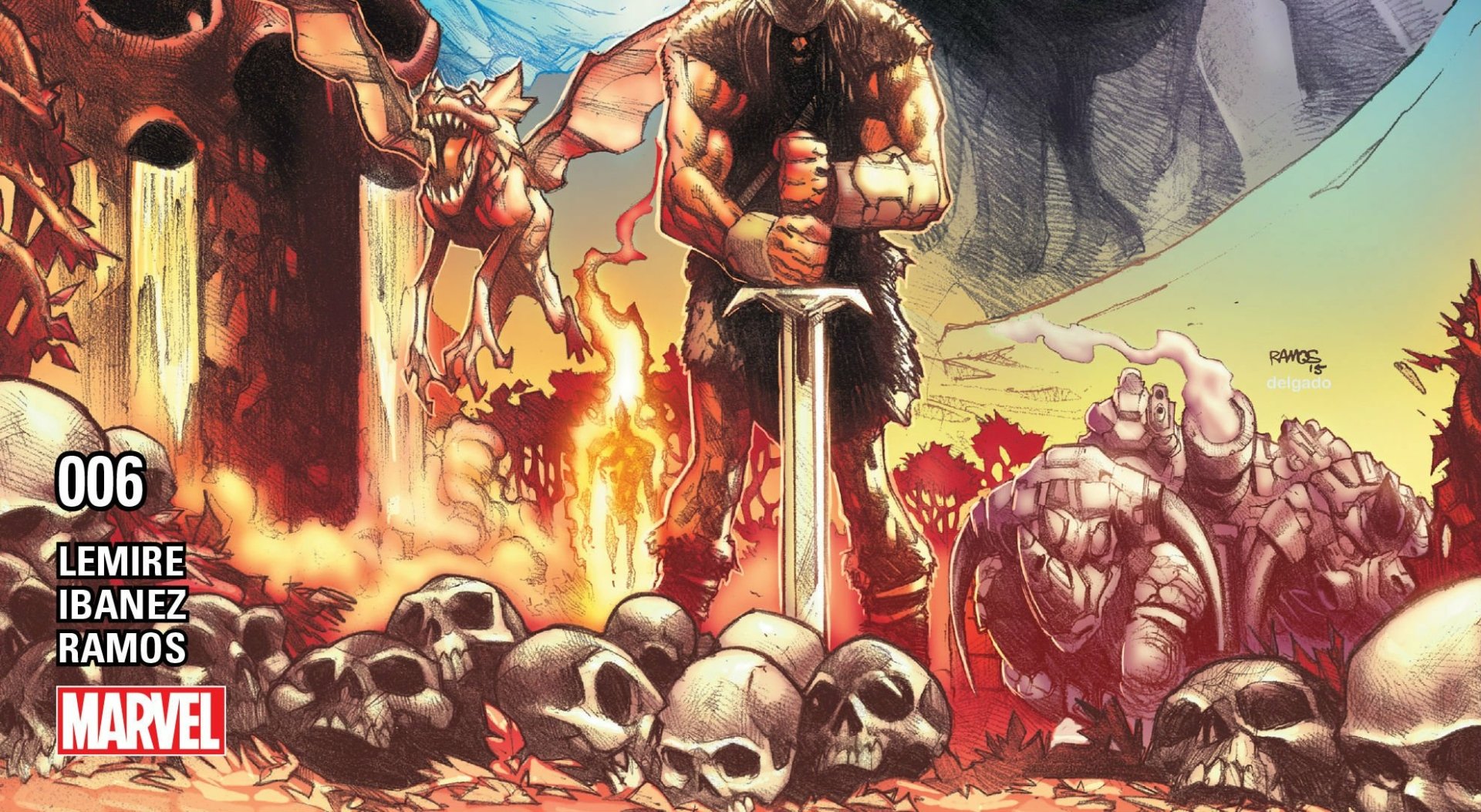 HD PC desktop wallpaper: X‑Men Extraordinary X‑Men comic scene — a superhero warrior plants a sword in a skull‑strewn, fiery battlefield as a winged mutant and monstrous figure watch.