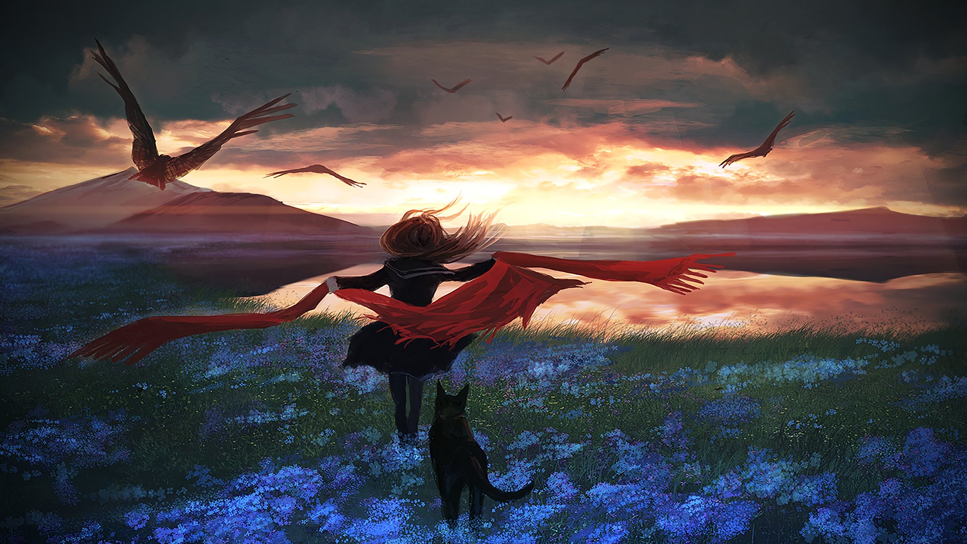 A scenic anime-inspired HD desktop wallpaper featuring a figure with a flowing red scarf running through a field of blue flowers, accompanied by a black cat under a vibrant sunset.