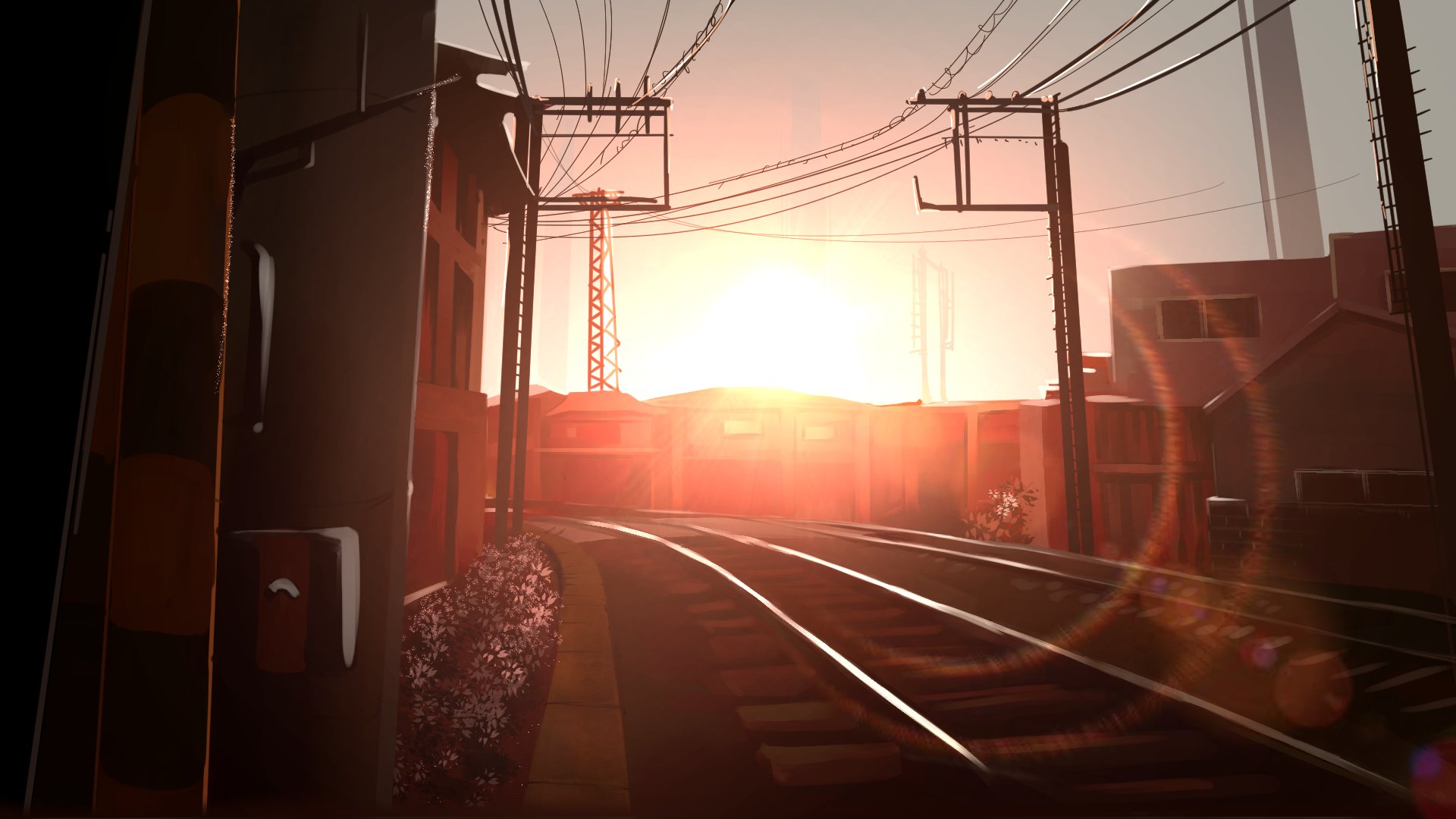 A vibrant anime scene featuring a sunlit railway, surrounded by buildings and power lines, serves as a stunning HD PC desktop wallpaper and background.