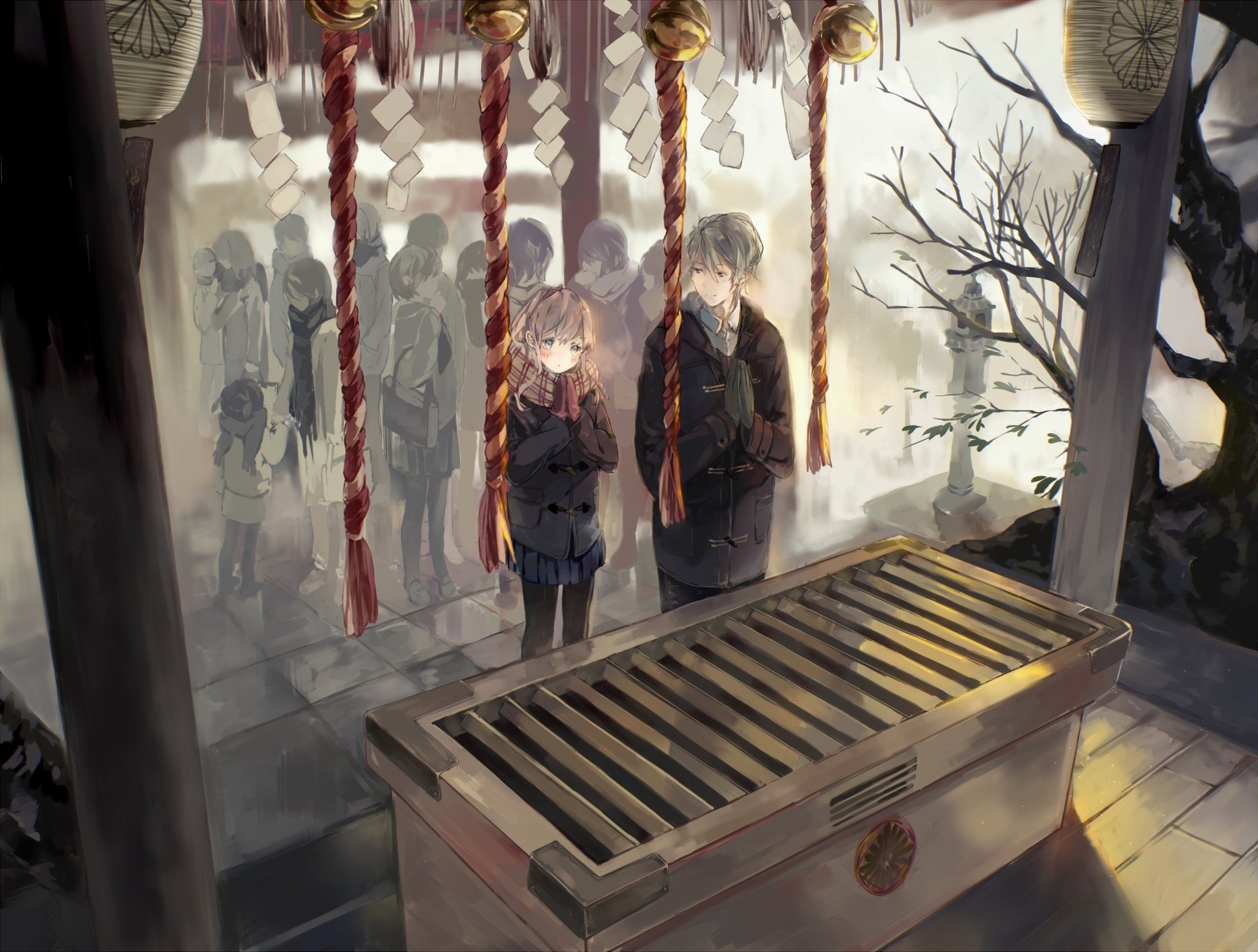 A scenic winter anime wallpaper featuring a blonde character with green eyes, wearing a scarf and gloves, standing at a shrine surrounded by ethereal figures in the background.