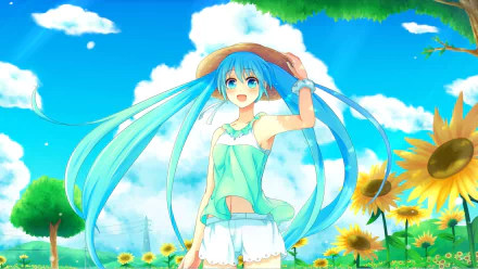 A vibrant HD wallpaper featuring Hatsune Miku with blue hair and twintails, smiling in a sunny field of sunflowers, wearing a hat and a light summer outfit against a bright blue sky.