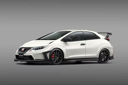 White Honda Civic Type R compact car showcased on a clean gray background, captured in high-resolution 4K Ultra HD for a striking PC desktop wallpaper.