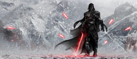 Darth Vader stands menacingly in a snowy landscape, wielding a red lightsaber, flanked by stormtroopers, embodying the dark power of the Sith in a striking Star Wars scene.