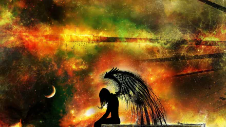 HD PC desktop wallpaper featuring a silhouetted angel with black wings set against a vibrant, fiery space background, inspired by Celldweller and music themes.