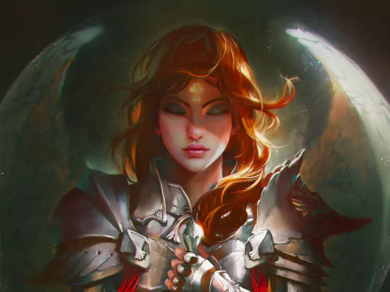 A powerful woman warrior adorned in intricate armor, set against a mystical backdrop, embodies strength and determination in this fantasy-themed HD desktop wallpaper.