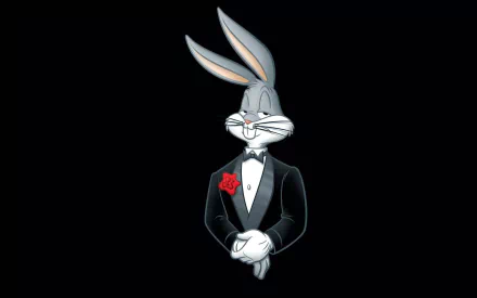 Bugs Bunny, the iconic cartoon character from Looney Tunes, is depicted in a stylish tuxedo, making it a striking HD desktop wallpaper for fans of the classic TV show.