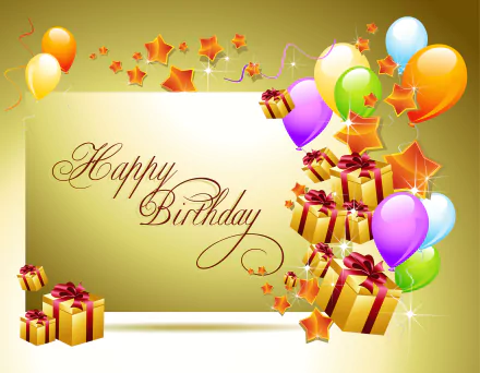 A vibrant birthday celebration wallpaper featuring colorful balloons, festive stars, and elegantly wrapped gifts, all highlighting a cheerful Happy Birthday message.