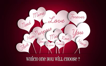 HD desktop wallpaper featuring white heart-shaped signs with romantic words and a question mark, set against a red background for Valentine's Day and love-themed holidays.