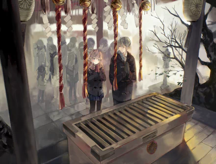 A scenic winter anime wallpaper featuring a blonde character with green eyes, wearing a scarf and gloves, standing at a shrine surrounded by ethereal figures in the background.