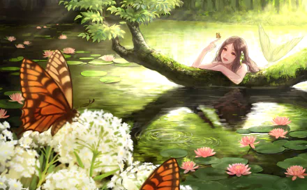 Anime-style HD desktop wallpaper of a brown-haired mermaid resting on a tree branch over a pond filled with water lilies and vibrant butterflies.