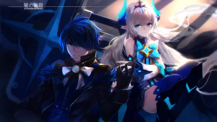 A stunning HD wallpaper featuring Lu and Ciel from the video game Elsword, showcasing their striking blue and white hair and captivating blue eyes against a dynamic background.