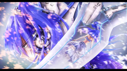 2K Quad HD desktop wallpaper of Tsubasa Kazanari from the anime Senki Zesshou Symphogear, dynamic close-up with blue hair, armored blades and crackling electric energy.