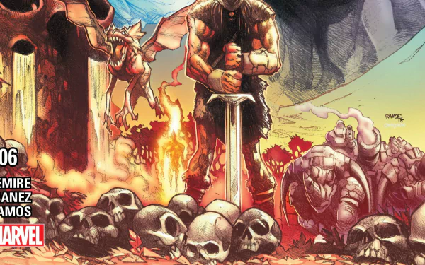 HD PC desktop wallpaper: X‑Men Extraordinary X‑Men comic scene — a superhero warrior plants a sword in a skull‑strewn, fiery battlefield as a winged mutant and monstrous figure watch.