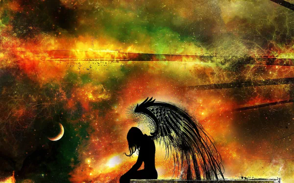 HD PC desktop wallpaper featuring a silhouetted angel with black wings set against a vibrant, fiery space background, inspired by Celldweller and music themes.