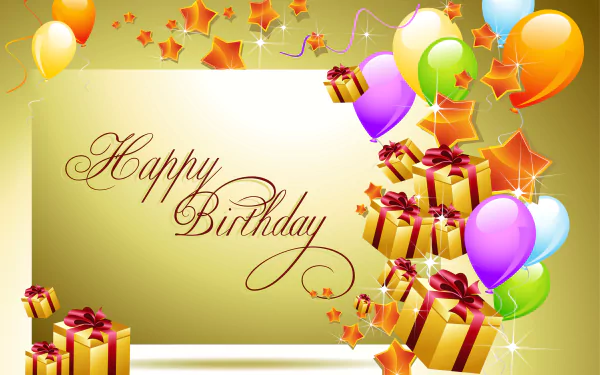 A vibrant birthday celebration wallpaper featuring colorful balloons, festive stars, and elegantly wrapped gifts, all highlighting a cheerful Happy Birthday message.