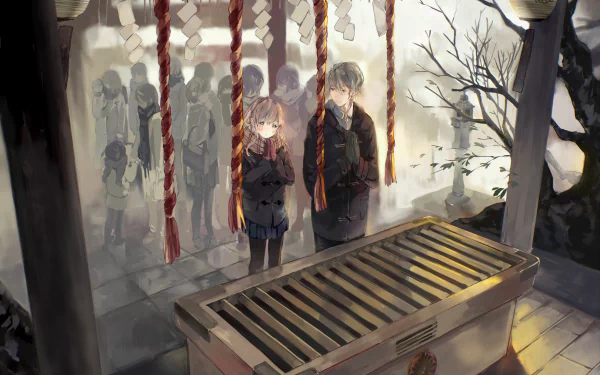 A scenic winter anime wallpaper featuring a blonde character with green eyes, wearing a scarf and gloves, standing at a shrine surrounded by ethereal figures in the background.