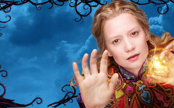 Mia Wasikowska as Alice in a 4K Ultra HD wallpaper from the movie Alice Through the Looking Glass (2016), reaching out with a glowing, magical effect.