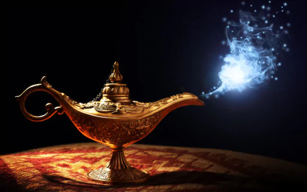 A magical golden lamp emitting sparkling smoke against a dark background, creating a fantasy scene for an HD PC desktop wallpaper.