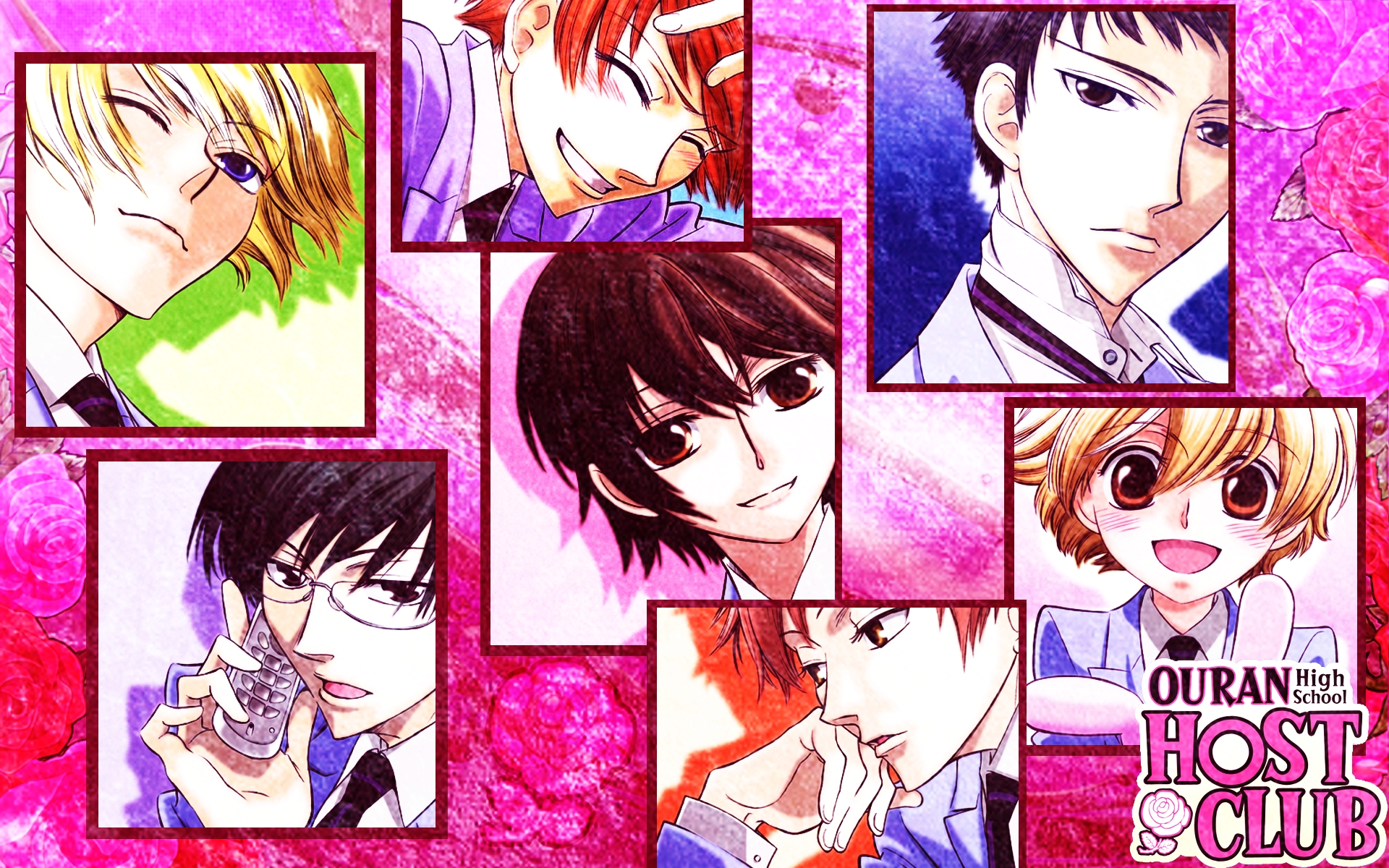 HD desktop wallpaper featuring a collage of Ouran High School Host Club characters on a vibrant pink background.