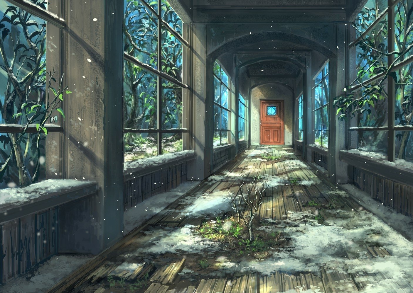 Anime-style abandoned sunlit corridor in a building, overgrown with vines and patches of snow — detailed HD PC desktop wallpaper/background.