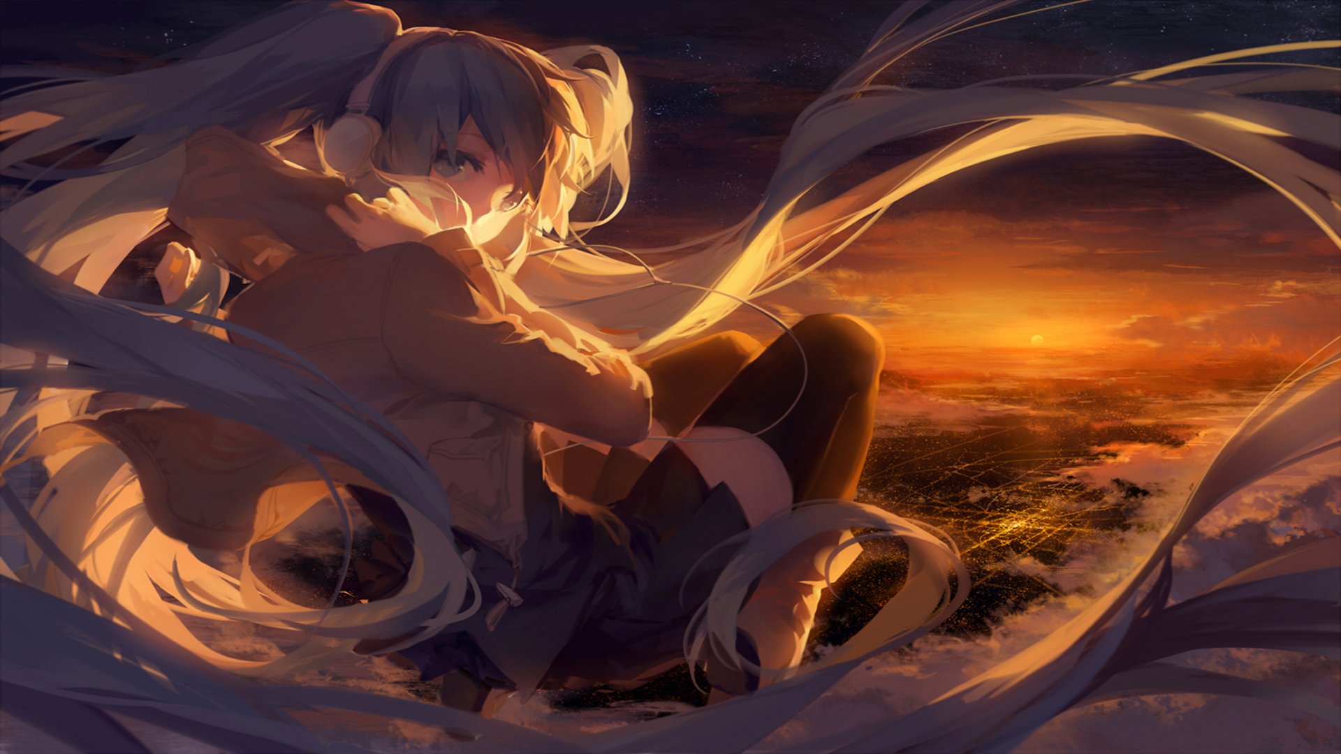A stunning HD desktop wallpaper featuring Hatsune Miku, an iconic Vocaloid character, set against a vibrant sunset that highlights her flowing hair and serene pose.