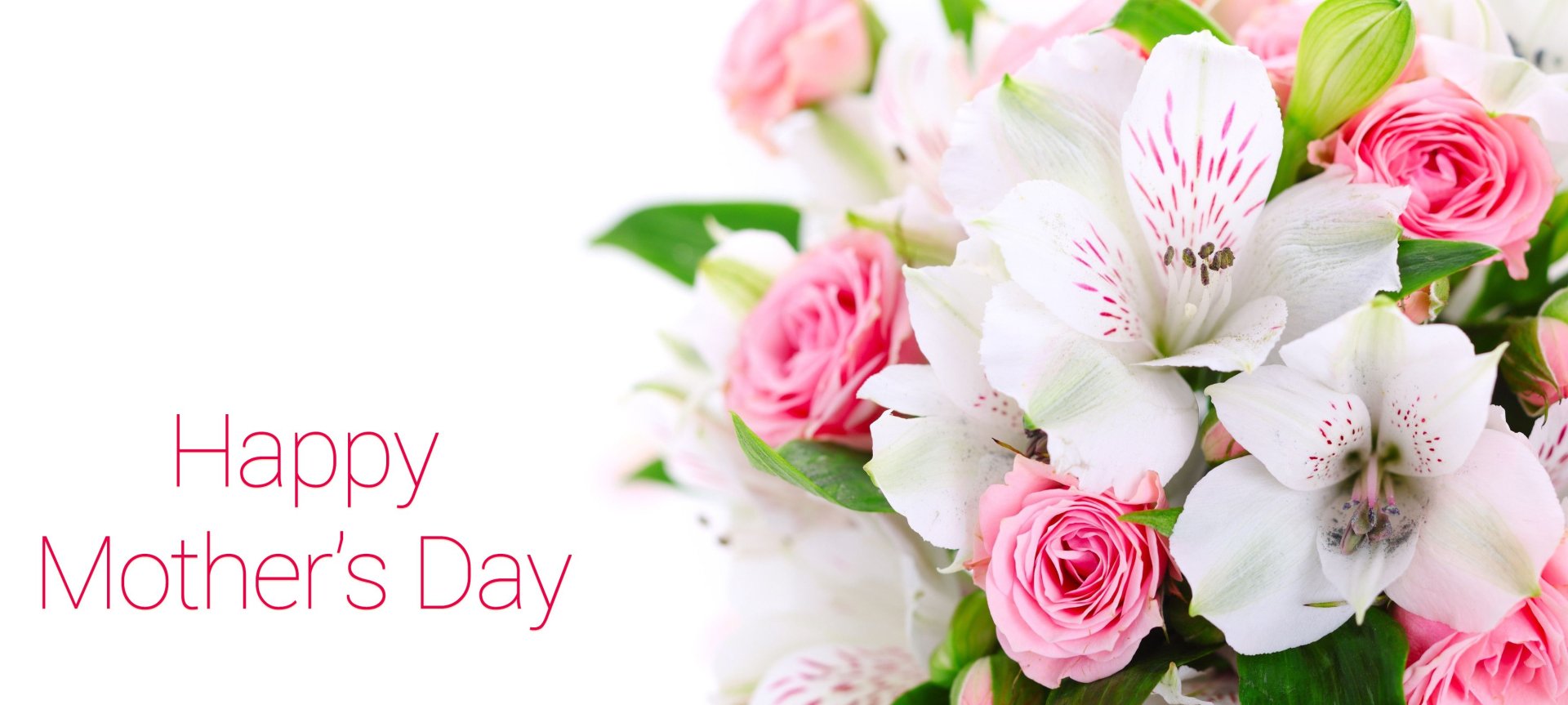 A beautiful HD desktop wallpaper featuring a bouquet of pink roses and white flowers, celebrating Mother's Day with the text Happy Mother's Day elegantly placed beside it.
