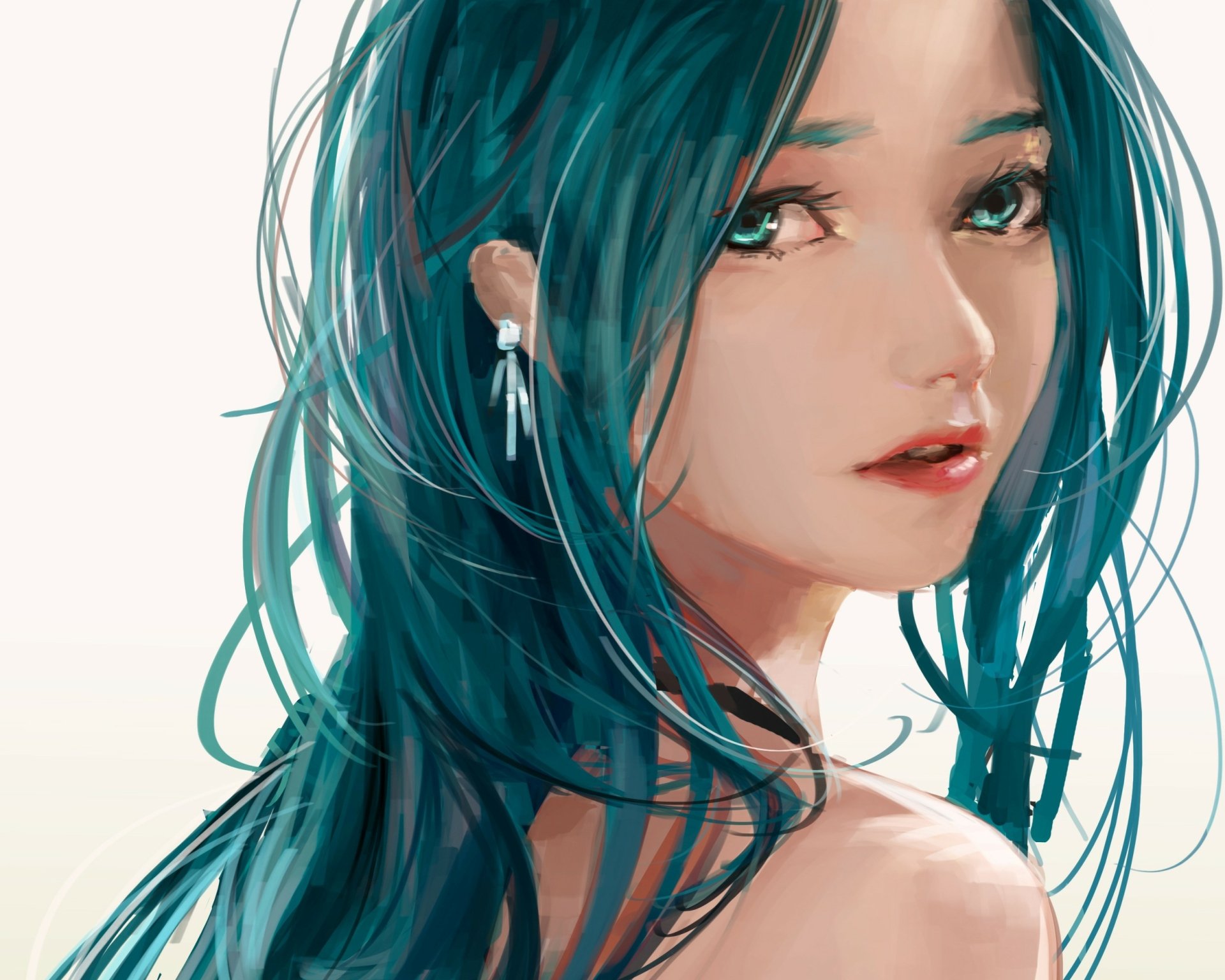 AHD anime wallpaper featuring Hatsune Miku with blue hair and aqua eyes, adorned with elegant earrings, showcasing a captivating expression and vibrant colors.