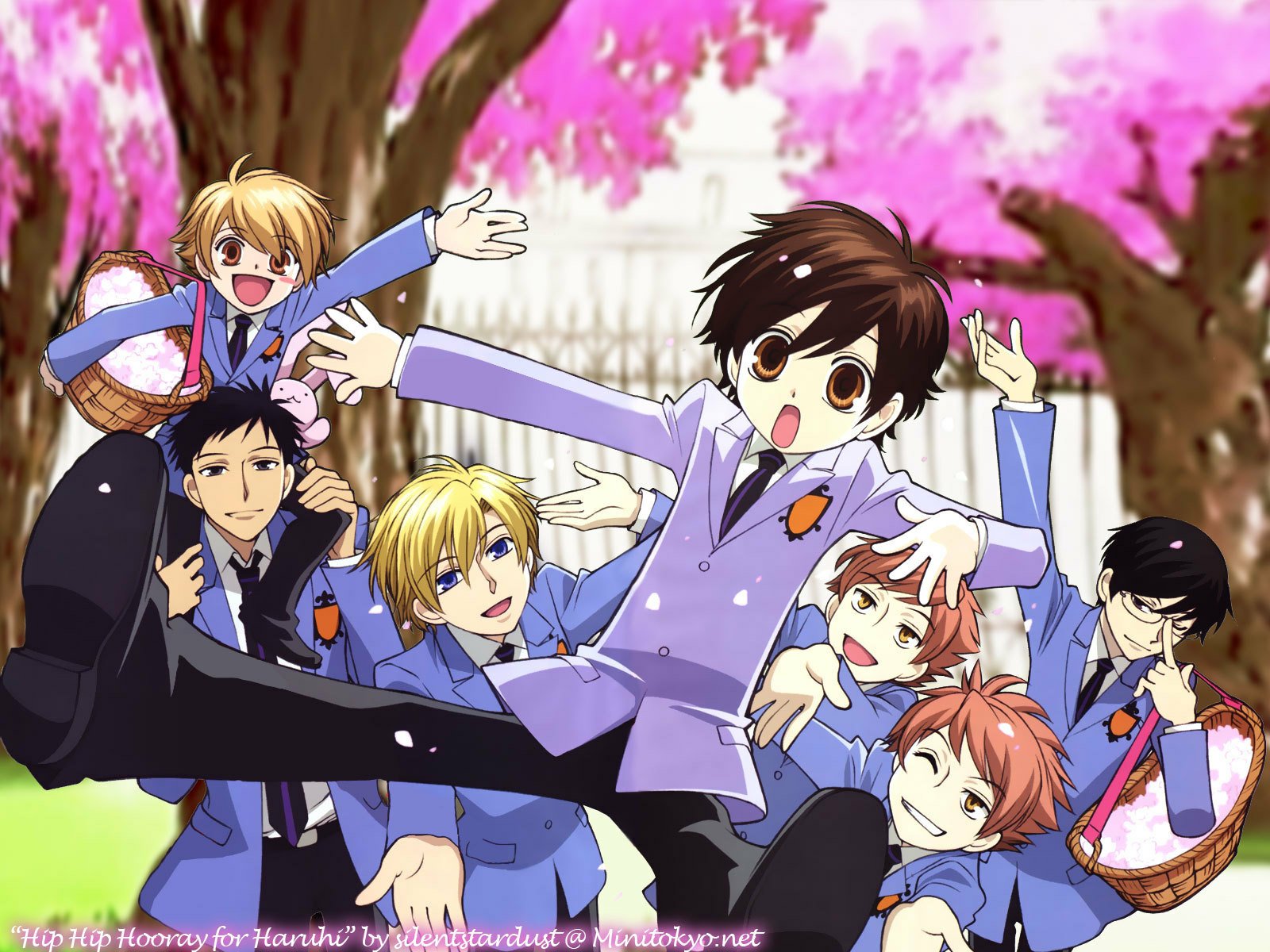 HD wallpaper featuring the characters of Ouran High School Host Club with cherry blossoms in the background.