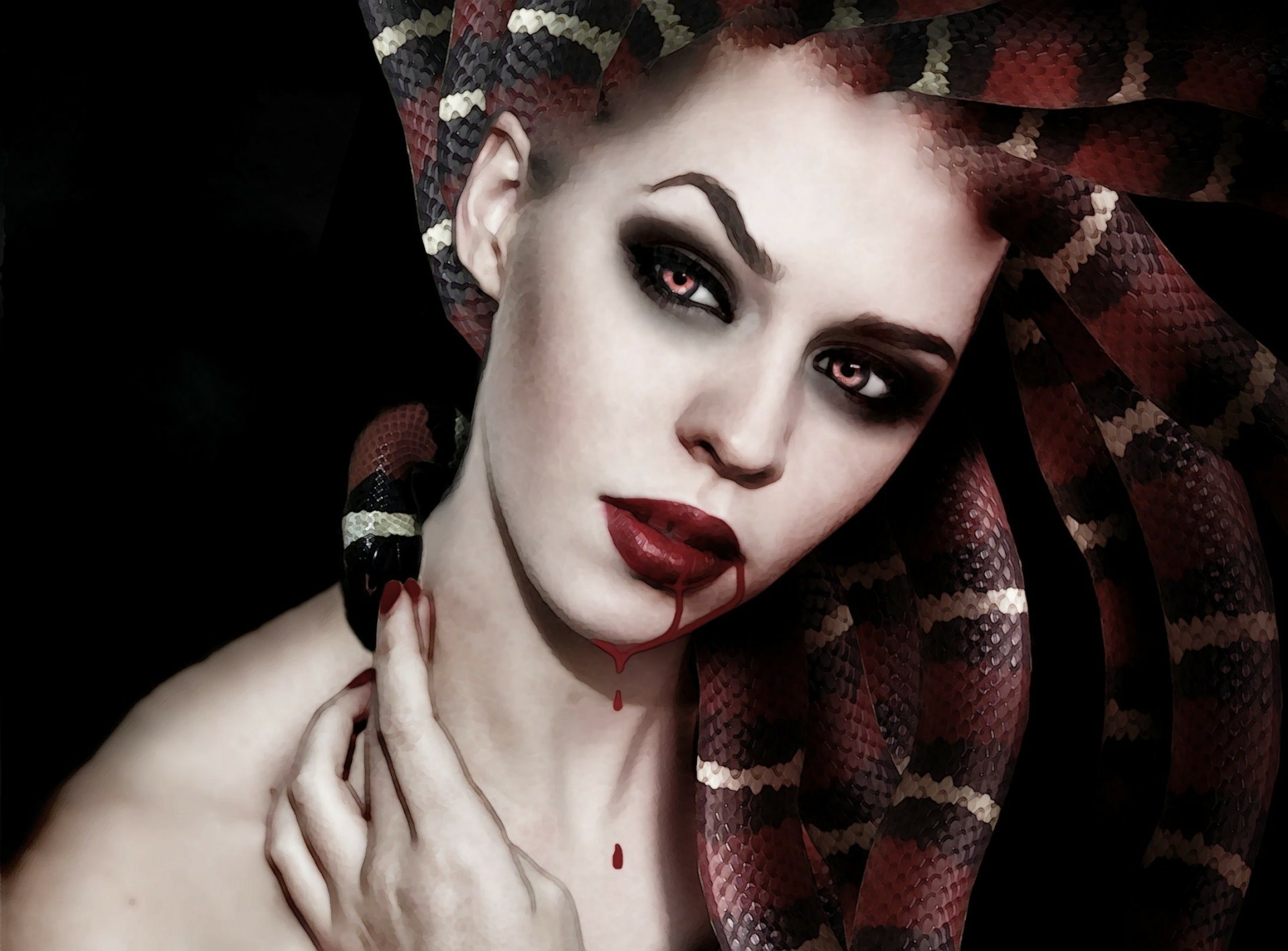 HD dark fantasy desktop wallpaper: a pale Medusa with snake hair and red, hypnotic eyes, blood dripping from her lips.