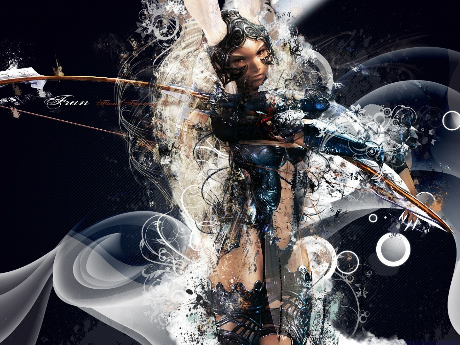 HD desktop wallpaper featuring a visually striking character from Final Fantasy XII, surrounded by dynamic abstract elements and fluid shapes.