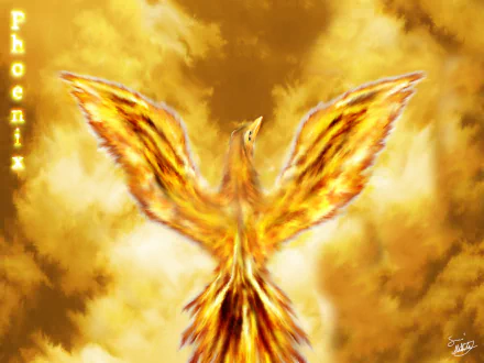 A vivid HD desktop wallpaper of a golden-yellow fantasy phoenix rising with wings spread wide against a glowing, fiery background.