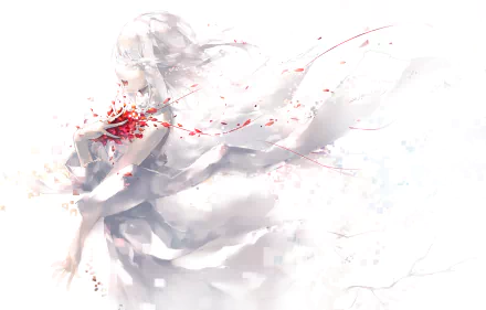 A ethereal anime character with flowing white hair and a delicate dress, adorned with splashes of red, set against a soft, light background. This HD artwork makes an enchanting desktop wallpaper.