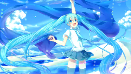 An HD desktop wallpaper featuring Hatsune Miku in a school uniform with flowing blue hair and blue eyes. The vibrant background showcases a dynamic, anime-style scene with clouds and streams of light.