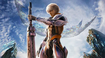 HD PC desktop wallpaper of Wol from Mobius Final Fantasy, featuring detailed armor and a large sword against a cloudy sky background in a video game setting.