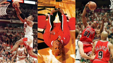 Dynamic HD wallpaper featuring Dennis Rodman in action with the Chicago Bulls, showcasing his iconic basketball moves and unique style on the court.
