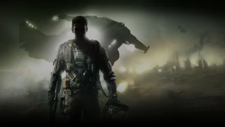 A dramatic HD wallpaper from Call of Duty: Infinite Warfare, featuring a silhouetted soldier against a backdrop of intense battle scenes and futuristic aircraft.
